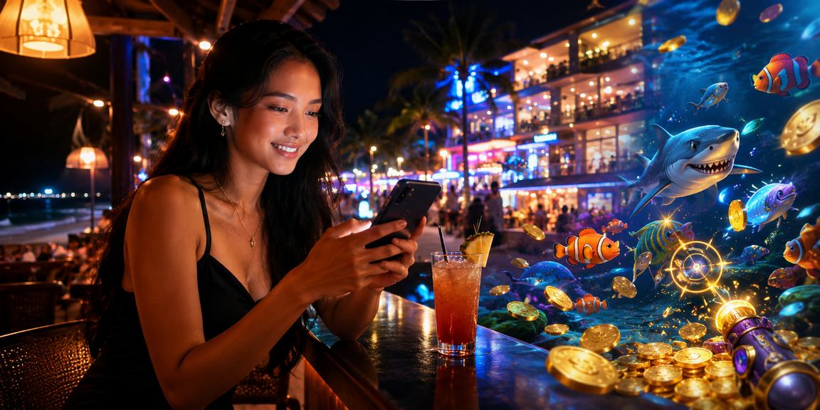 Game tembak ikan dengan latar pantai tropis